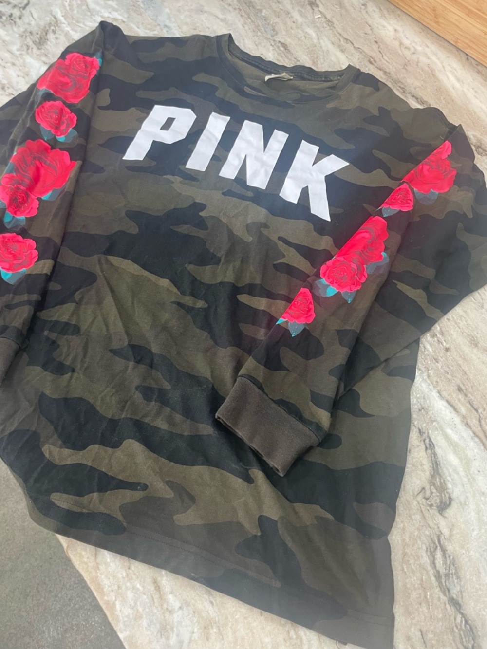 PINK Victoria's Secret Camo Sweatshirt with Red Rose Sleeves